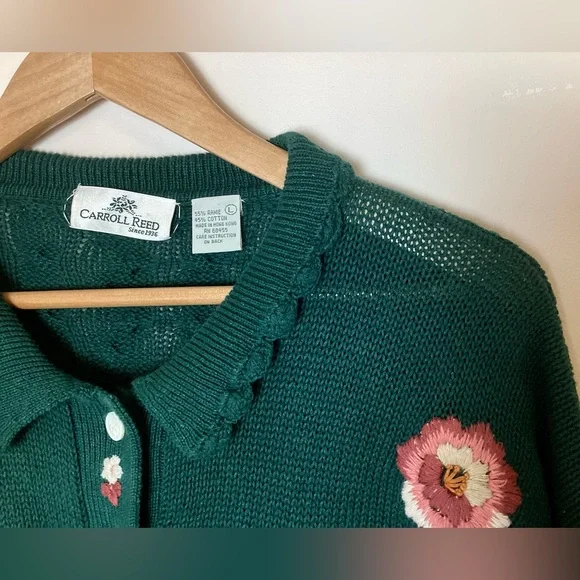 Carroll Reed Vtg Cable Knit Embroidered Cardigan L Floral Chunky Granny Cottage - Picture 9 of 13